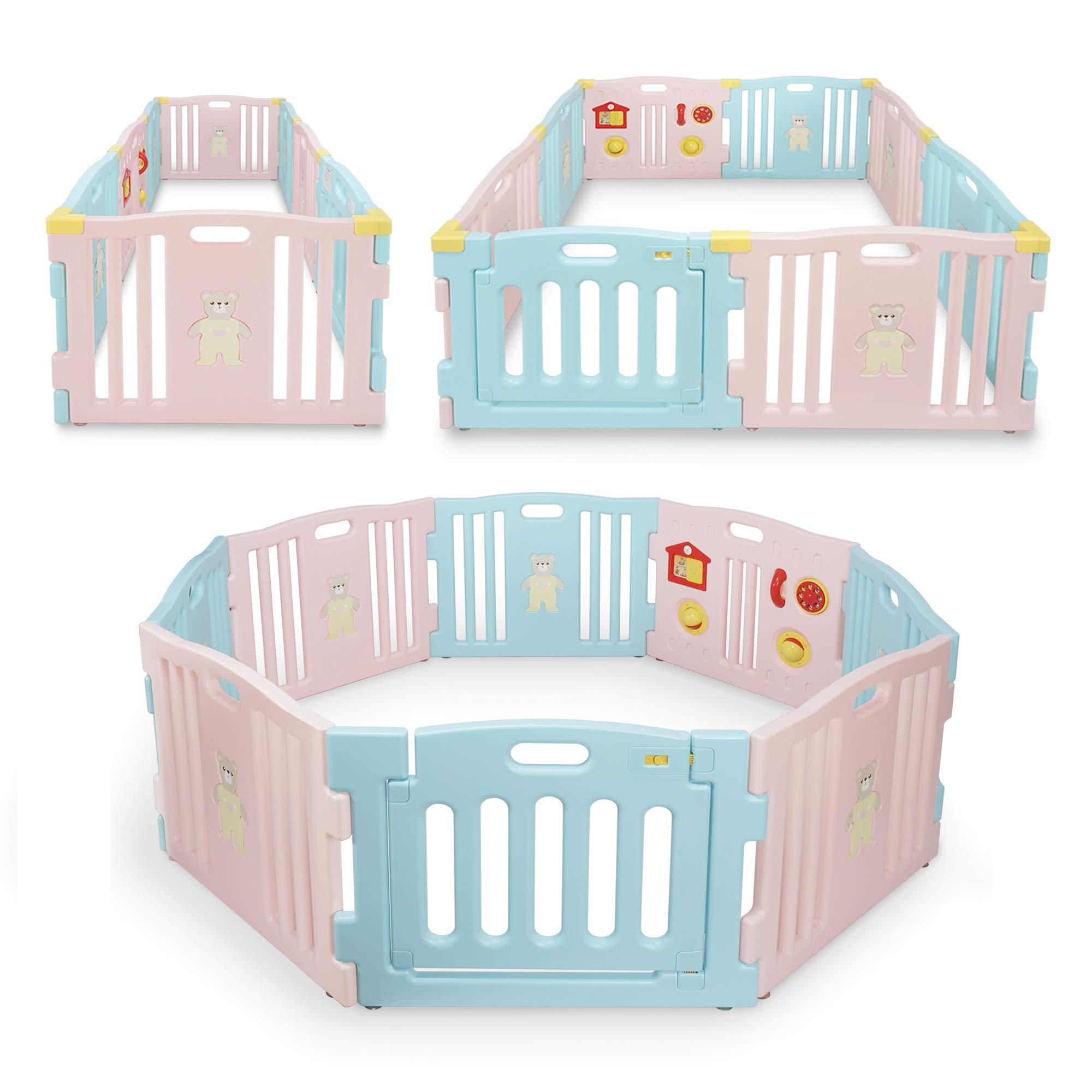 Kidzone 8-Panel Baby Playpen with Safety Gate - ASTM Certified Toddler Play Yard for Indoor & Outdoor Use - Anti-Fall Activity Center for Kids (Pink/Blue) - Perfect for Playrooms, Daycares & Backyards