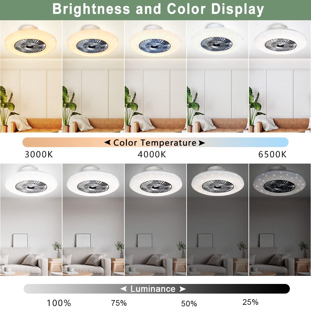 DLLT 40W Modern LED Remote Ceiling Fan with Light Kit - 23 Inch Flush Mount Dimmable Ceiling Fan with 7 Invisible Blades, 3 Speed Settings & Timer, Color Changing Lighting for Bedroom, Living Room, Office