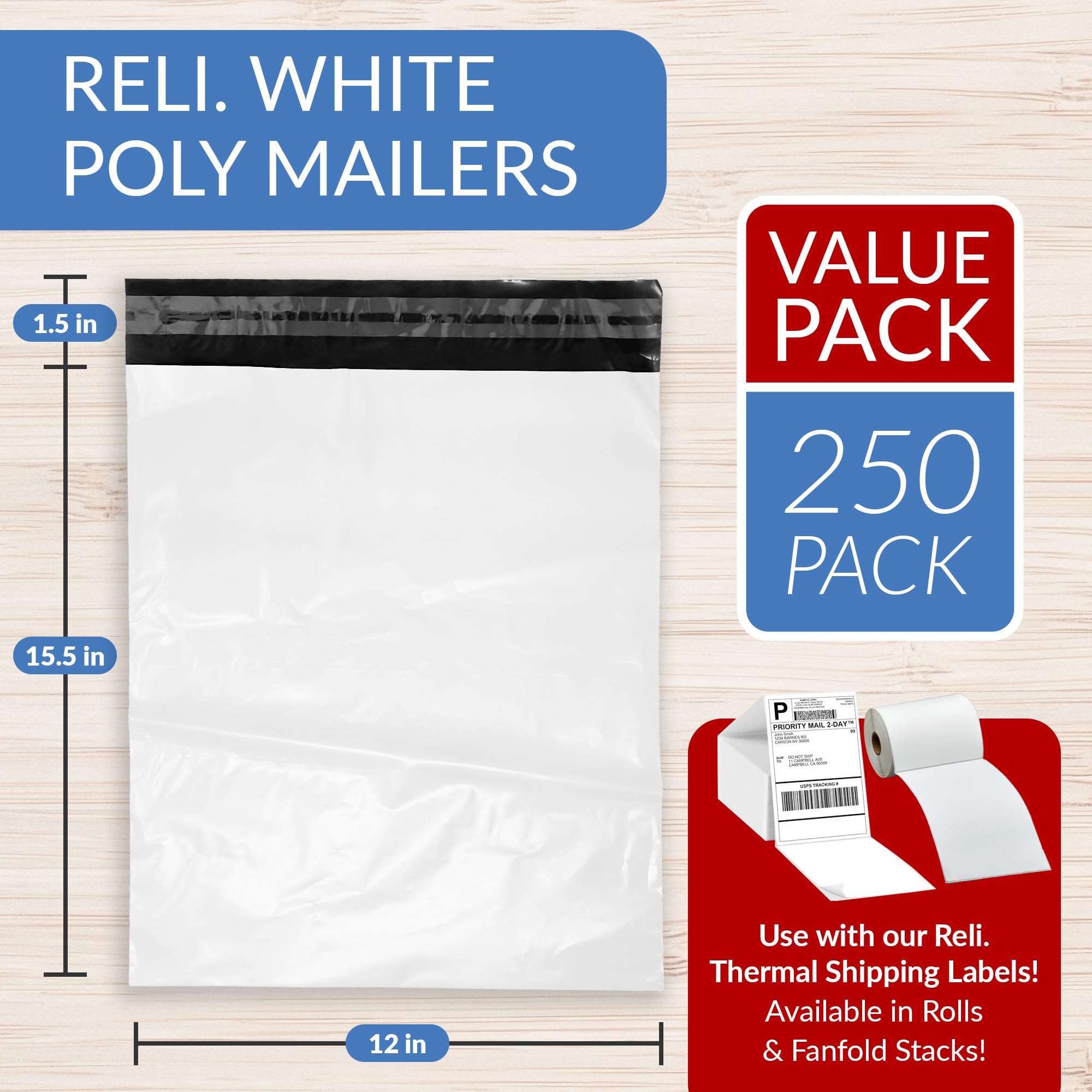Reliable 12x15.5 Inch White Poly Mailers - 250 Pack | Self-Sealing Shipping Envelopes for Clothing & Lightweight Items | Durable Non-Padded Mailing Bags for Ecommerce, Online Stores & Small Business Shipping