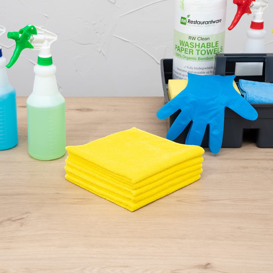 Restaurantware Clean Tek Professional 16x16 Inch Microfiber Cleaning Cloths - 100 Pack Lint-Free, Highly Absorbent, Non-Abrasive Yellow Reusable Towels for Kitchen, Restaurant, and Household Cleaning