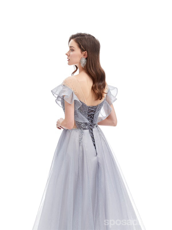 Elegant Grey A-Line Off-Shoulder Long Prom Dress with Short Sleeves - Perfect for Homecoming, Formal Dances & Special Occasions