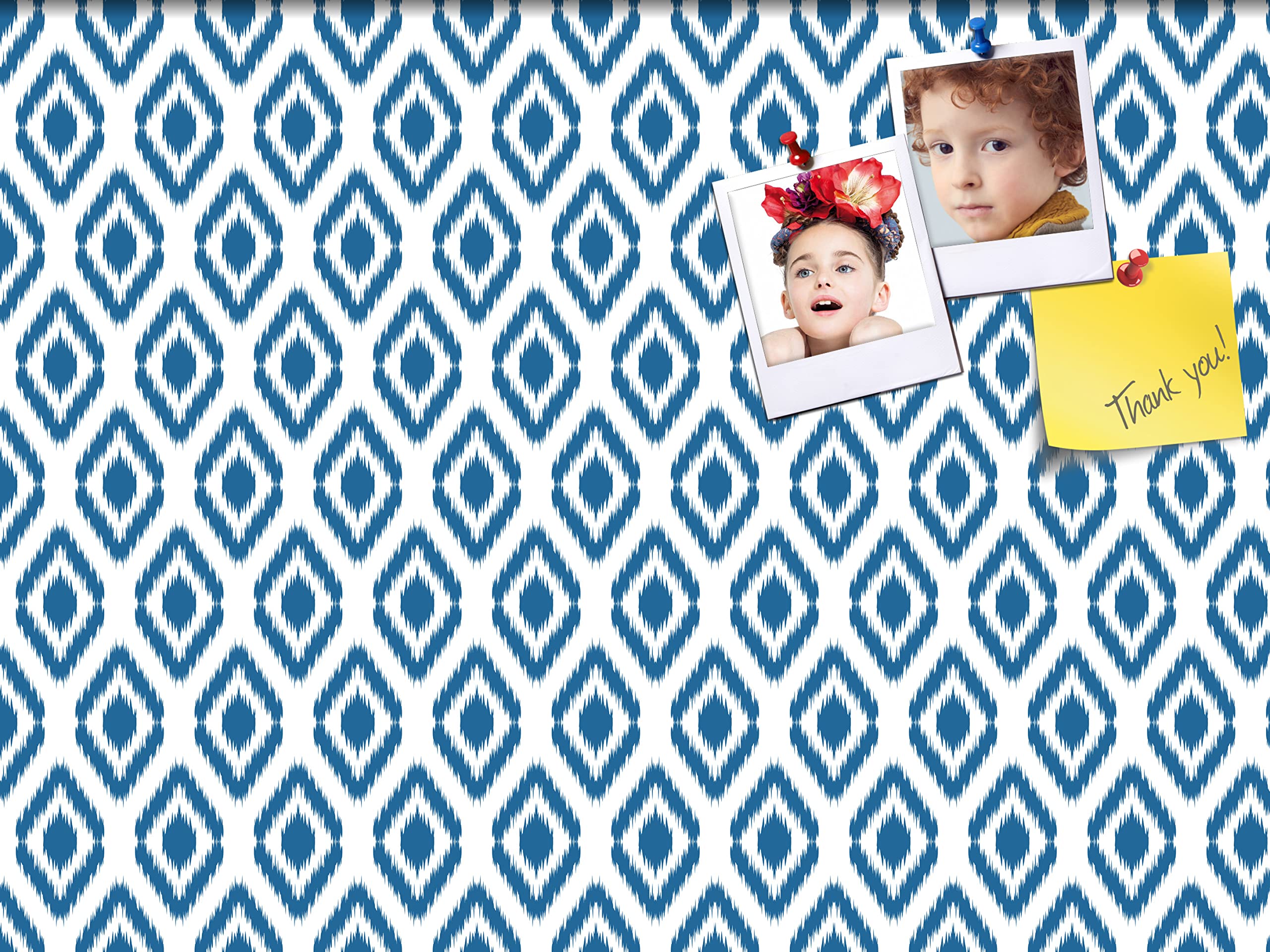 PinPix 32x24 Inch Cork Bulletin Board with Ikat Navy Design & Satin White Frame - Decorative Wall Pin Board for Home Office School Classroom Decor - Perfect for Notes, Photos, Reminders & Organization