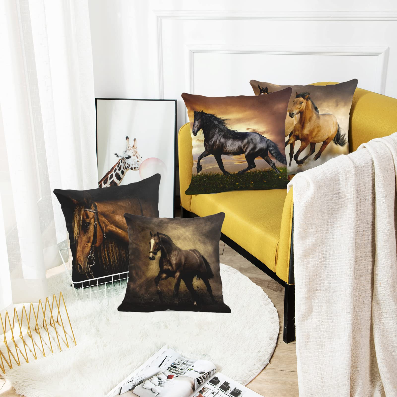 Emvency Set of 4 Horse Running Design Throw Pillow Covers - 18x18 Inch Square Decorative Pillow Cases for Sofa, Armchair & Bed - Cartoon Animal Print Home Decor for Living Room, Bedroom & Nursery