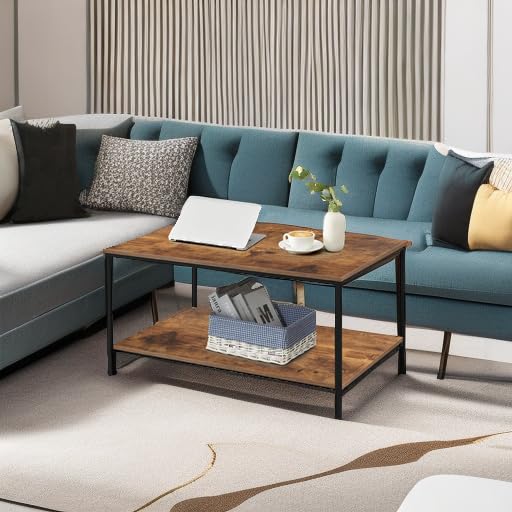 Modern Small Brown Rectangle Wood & Metal Coffee Table with Storage Shelf - Compact Living Room Furniture for Apartments, Dorms & Small Spaces