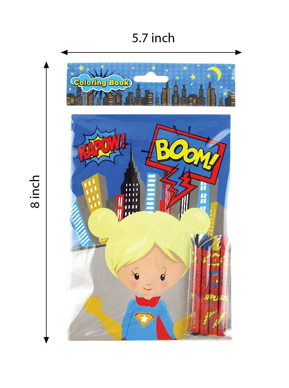 Superhero Coloring Books for Kids - 12 Pack with 48 Crayons | Party Favors, Classroom Prizes, Goodie Bag Fillers | Perfect for Birthday Parties, School Events & Travel Activities