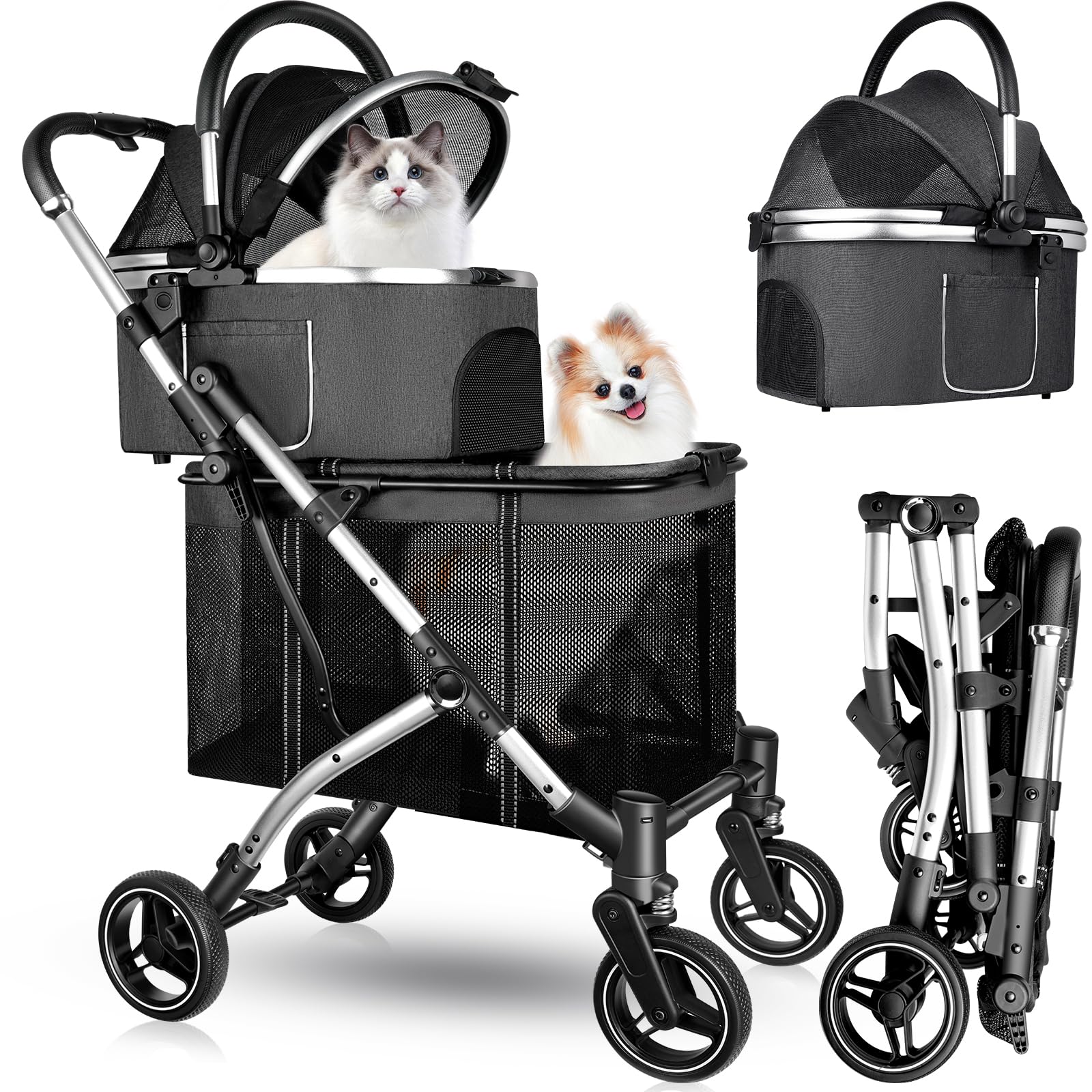 Premium Double Pet Stroller for 2 Dogs or Cats - One-Hand Foldable Design with Detachable Carrier, Safety Belt & Lockable Wheels - Heavy Duty Stroller for Small/Medium Pets up to 52LBS (Gray) - Perfect for Park Walks, Vet Visits & Travel Adventures