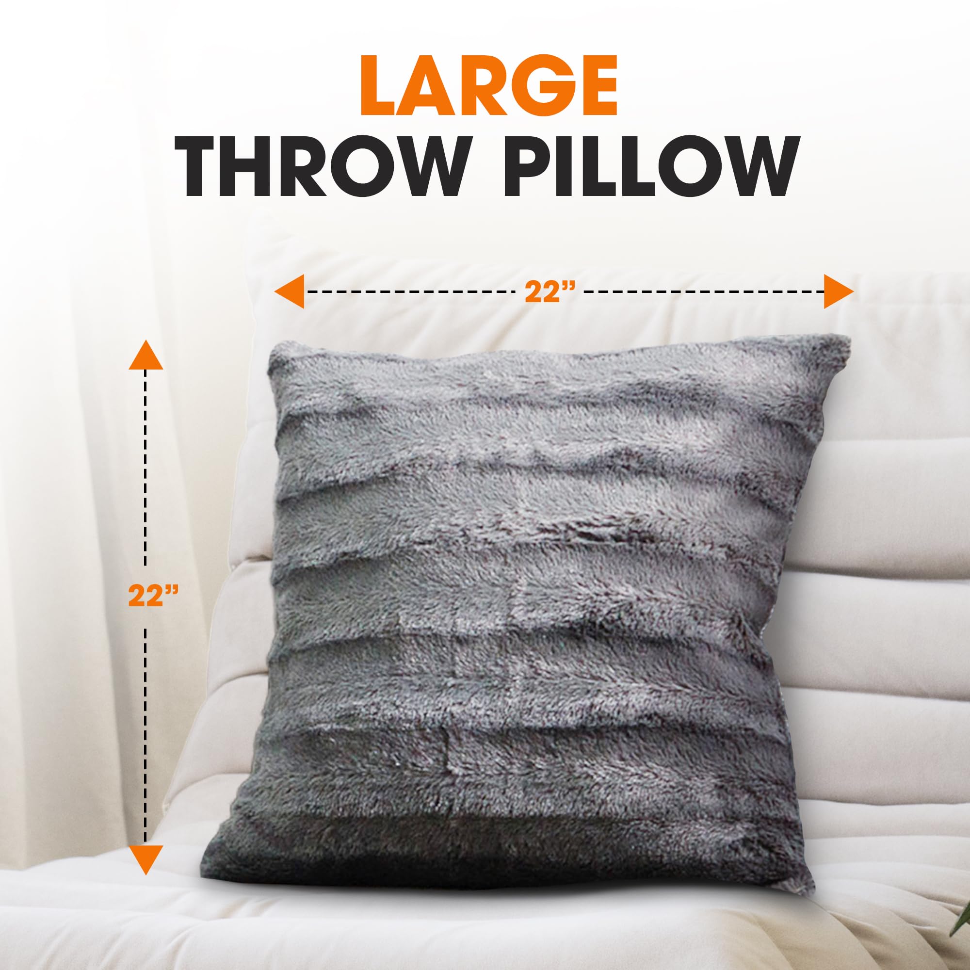 Cheer Collection Faux Fur Throw Pillows Set of 2 - 22x22 Inch Soft Grey Decorative Couch & Bed Pillows for Living Room & Bedroom Aesthetic - Cozy Home Decor for Sofa, Sectional & Dorm Room