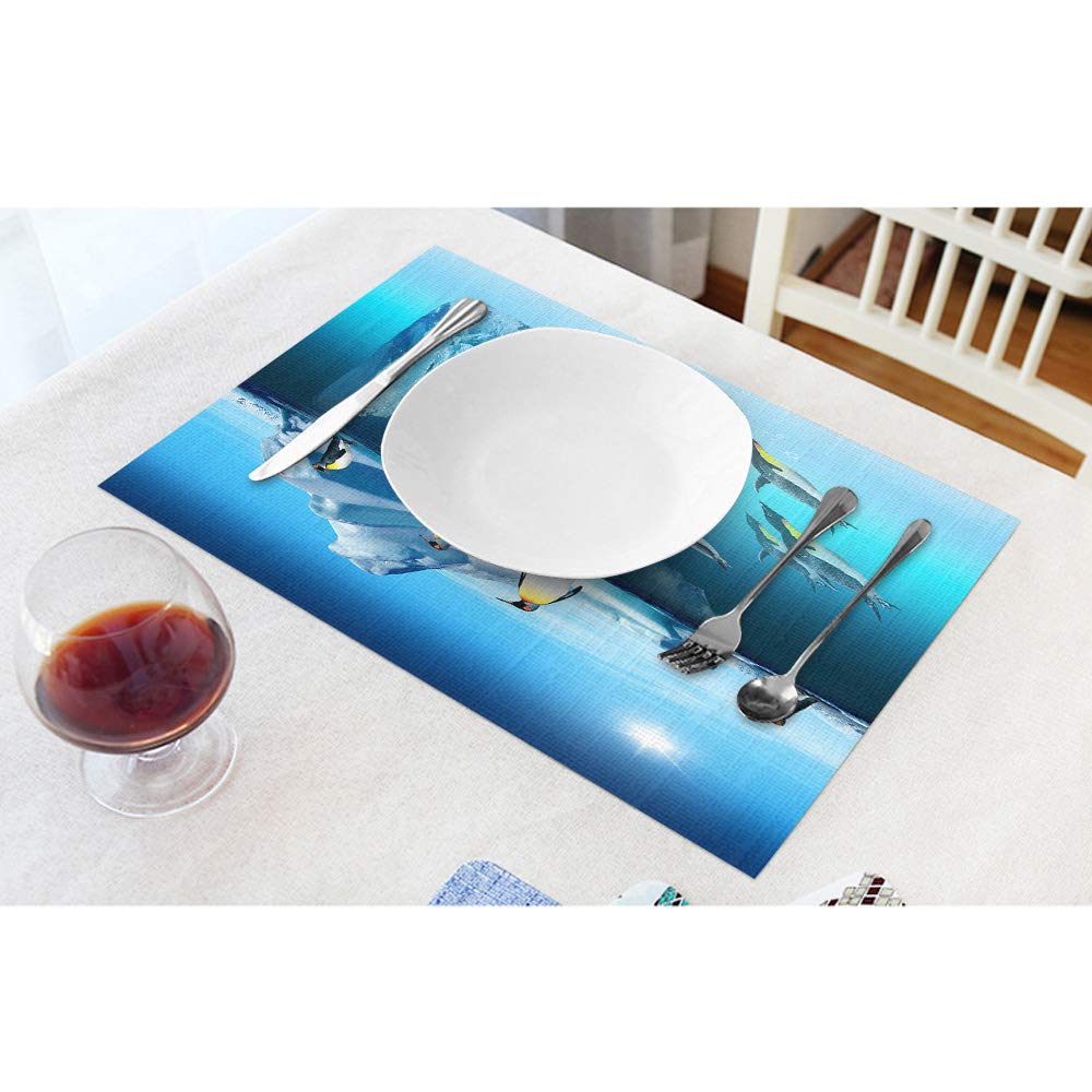 Antarctic Animal Penguin Place Mats Set of 4 - Cute Iceberg Ocean Sunlight Snow Design Cotton Linen Table Mats 12x18 Inch for Dinner Kitchen Table Decor - Perfect for Holiday Parties, Family Gatherings & Winter-Themed Dining