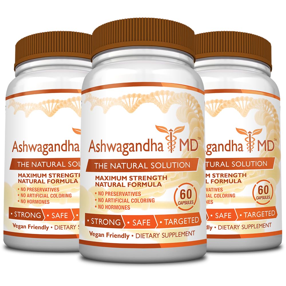Organic Ashwagandha MD™ with Ginger & Bioperine Supplement - 1500mg per Serving, Stress Relief, Mood Enhancer & Sleep Aid - Vegan Friendly, 60 Capsules (3 Bottles) - Perfect for Daily Wellness & Nighttime Relaxation