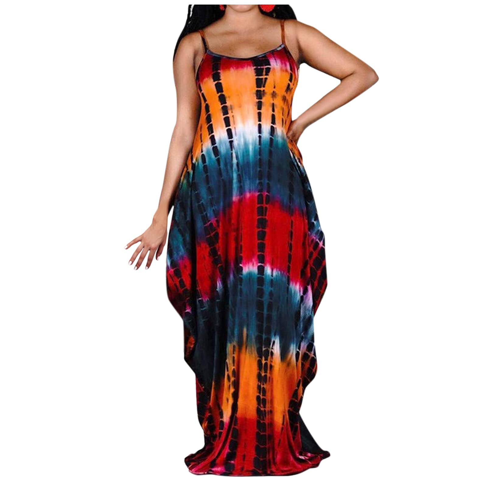 ETHKIA Women's Casual Tie Dye Gradient Print Round Neck Sling Long Dress - Plus Size Summer Beach Dress for Vacation, Party & Everyday Wear