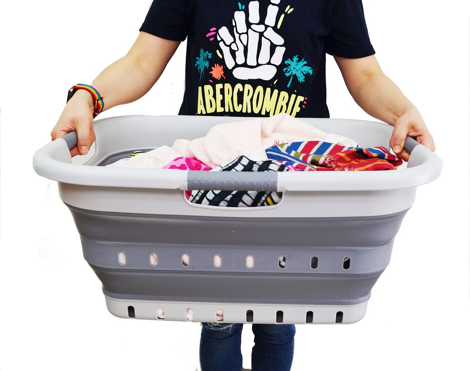 Sammart 41L Collapsible Laundry Basket with 3 Handles - Foldable Storage Organizer for Clothes, Toys & Home Organization - Space Saving Grey Hamper for Laundry Room, Dorm, Camping & Travel