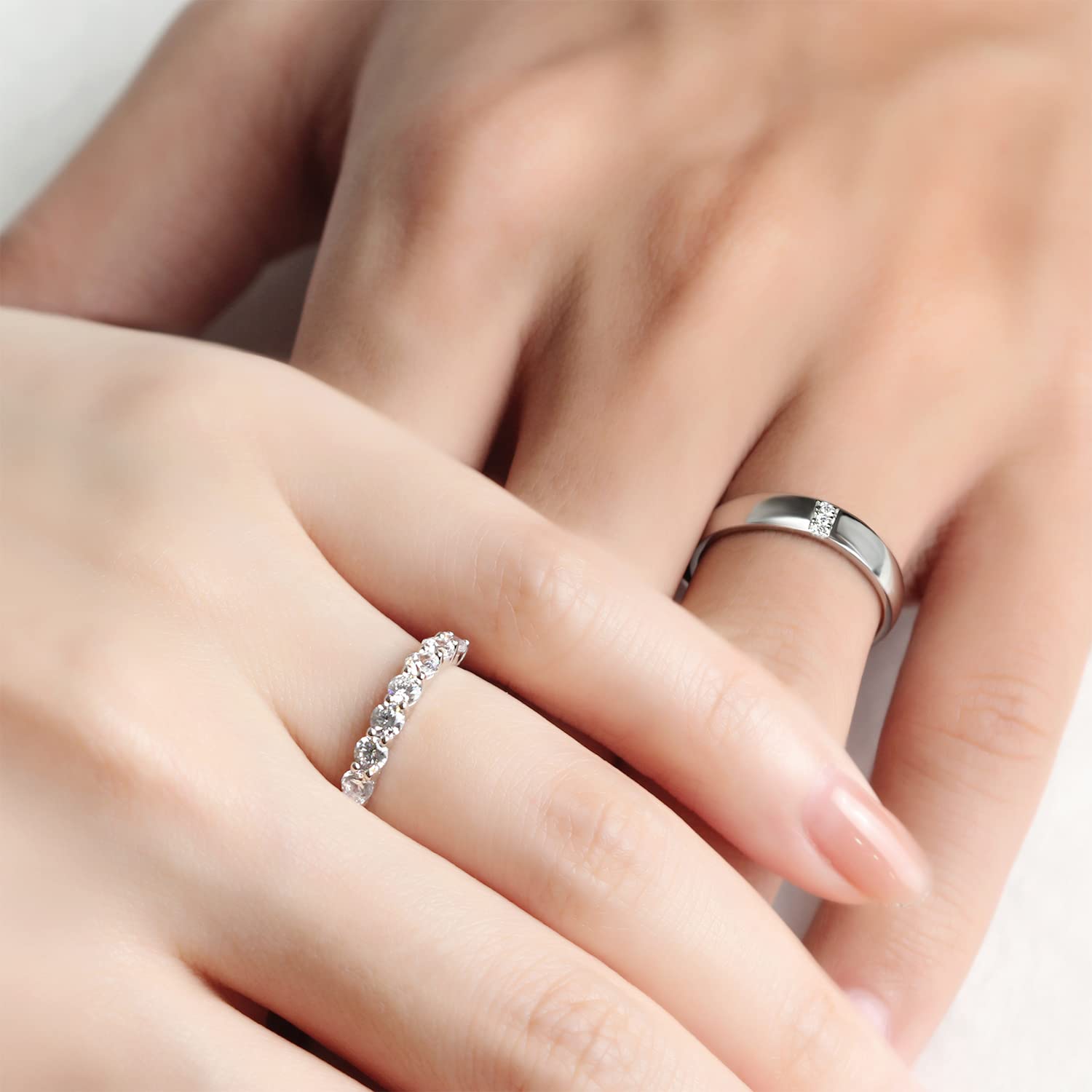 Meissa Sterling Silver Couple Rings - Dainty Wedding Bands for Men & Women, Promise Rings with 7 Cubic Zirconia Stones, Matching Adjustable Size (Set of 2) - Perfect for Anniversaries, Engagements & Romantic Gifts