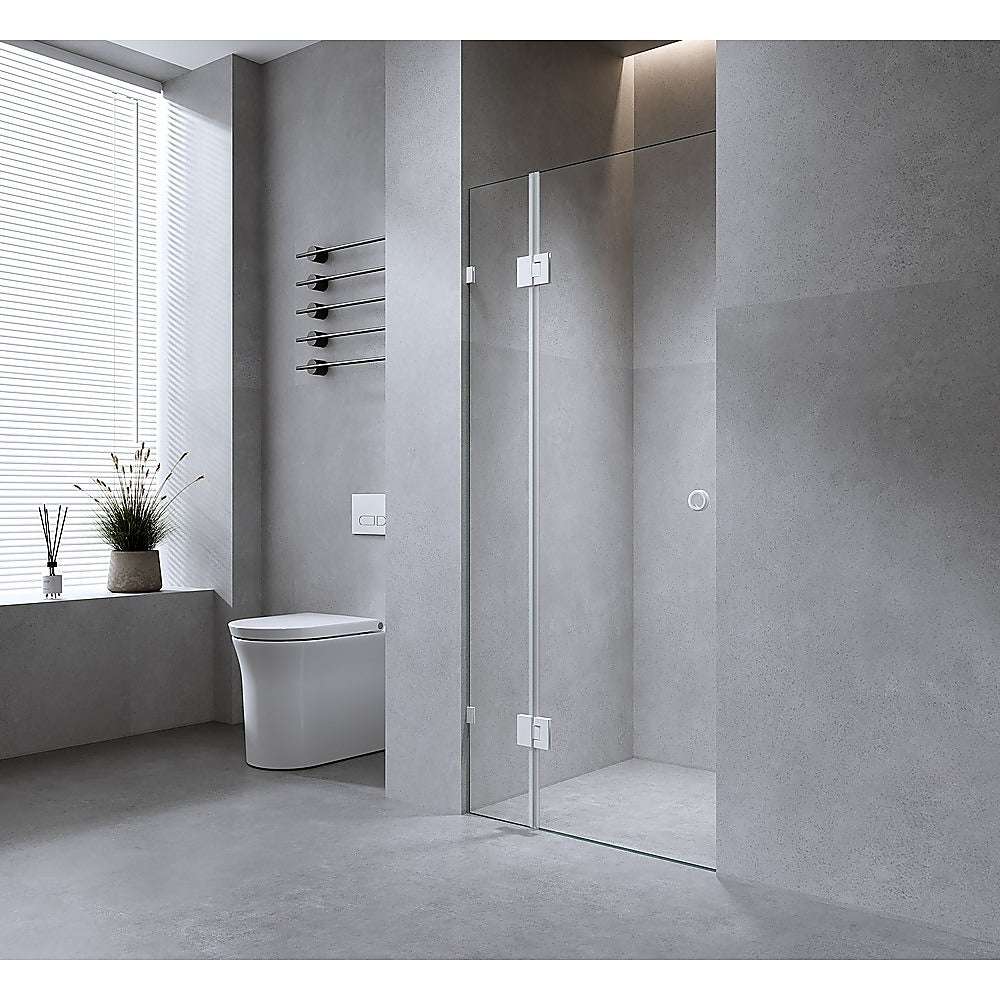 120cm Frameless Shower Screen with White Brackets & Stainless Steel Hinges - Wall to Wall Bathroom Glass Enclosure for Modern Showers