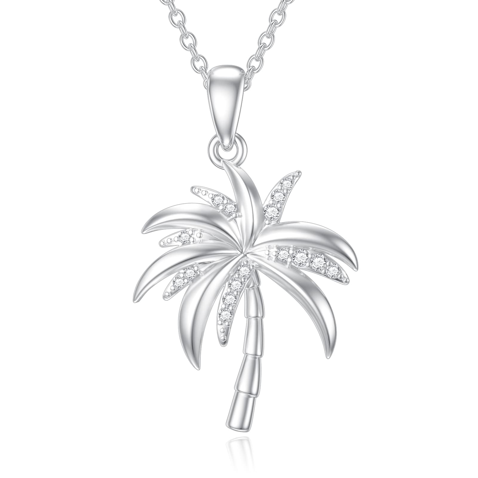 ZBA Natural Diamond Palm Tree Necklace for Women - Sterling Silver/10K/14K Solid Gold Hawaiian Pendant Necklace | Vacation Jewelry, Birthday & Christmas Gift for Her | Perfect for Beach Parties, Tropical Getaways & Summer Fashion (Color F-G, Clarity I1-I2)