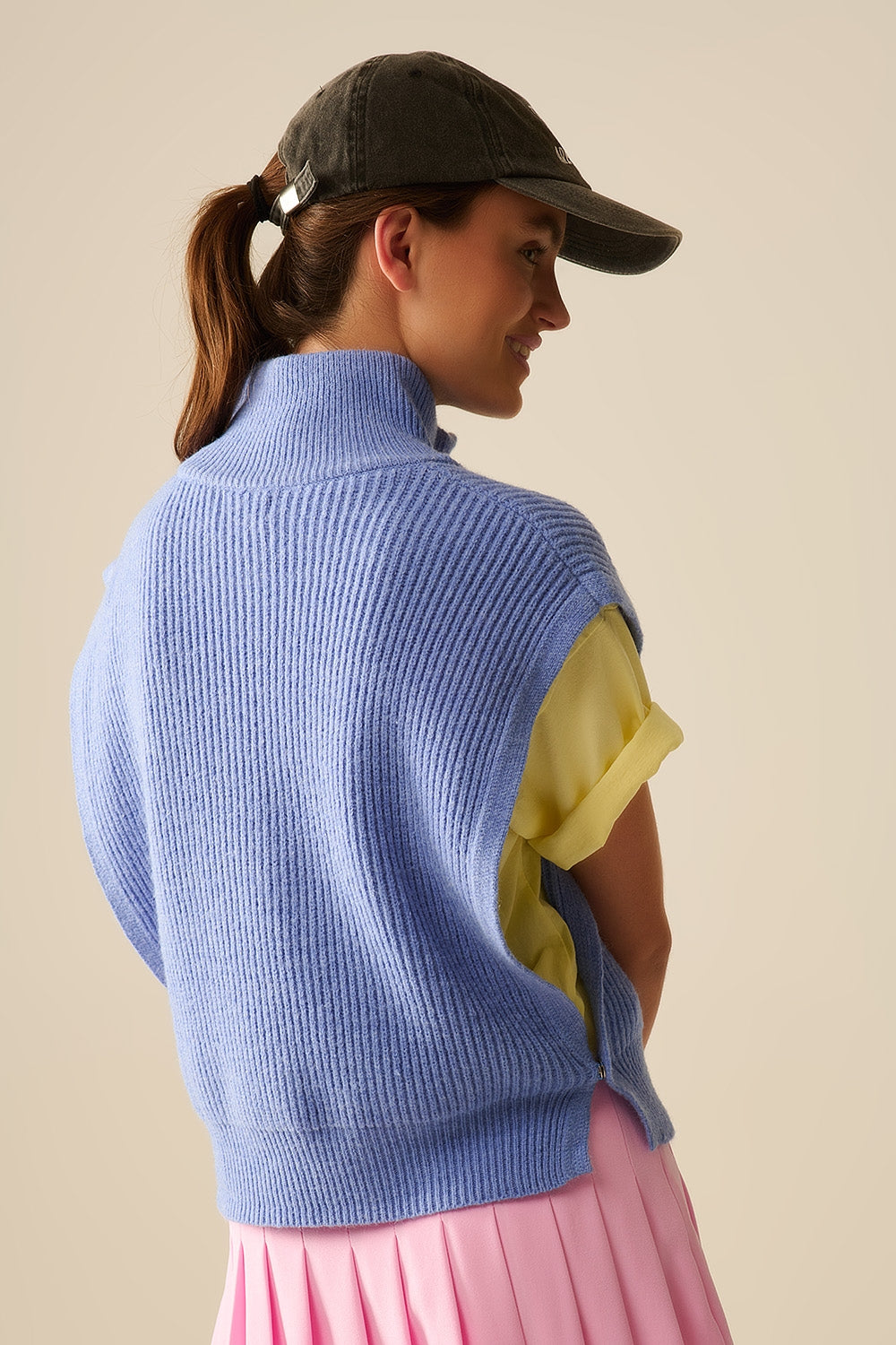 Men's Half-Zip Knit Sweater with Funnel Neck & Wide Armholes - Blue - Perfect for Casual Wear, Office & Outdoor Activities