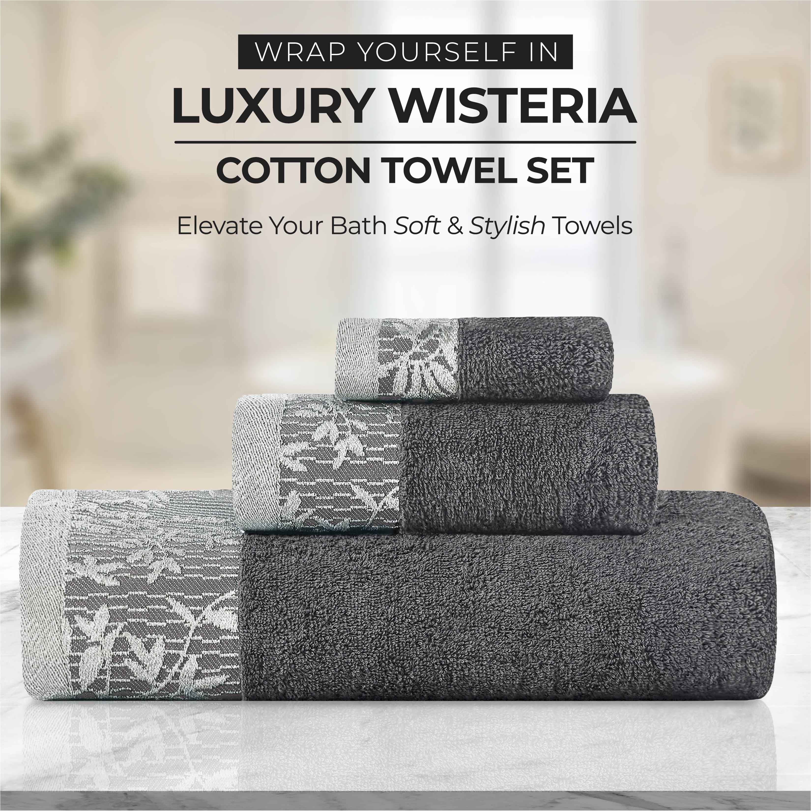 Premium Wisteria Cotton Floral Embroidered Jacquard Border Bath Towel Set of 2 - Soft Absorbent Luxury Towels for Spa, Bathroom & Guest Use
