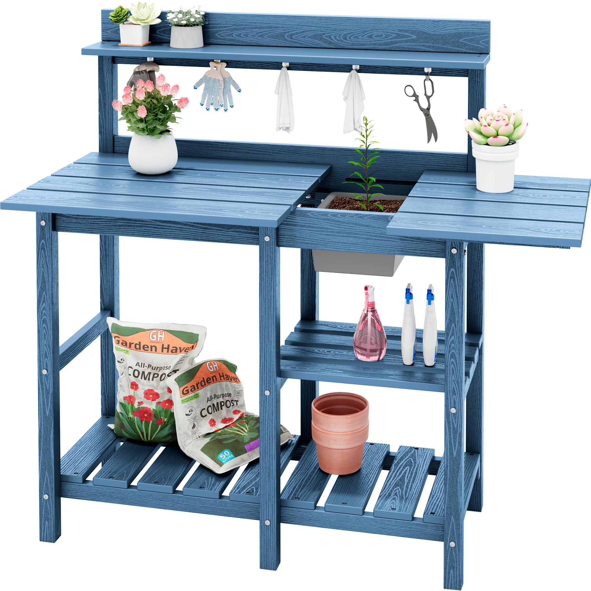 SERWALL Outdoor Potting Table with Sink - Heavy Duty HDPE Potting Bench for Gardening, All-Weather Use - Blue - Perfect for Planting, Transplanting & Outdoor Workspace