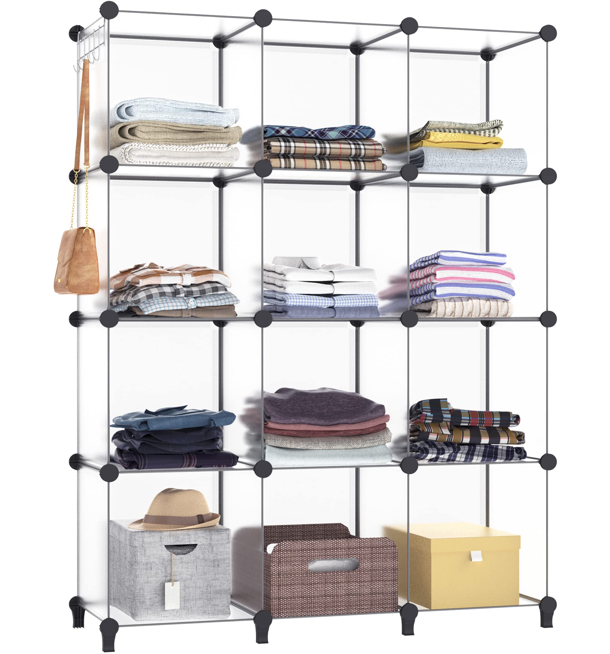 HOMIDEC 12-Cube Closet Organizer & Storage Shelf - Portable Closet Organizer for Kids Clothing, Bedroom, Bathroom & Office - 11.8x11.8x11.8 Inch Transparent Storage Cubes - Perfect for Small Space Organization & Home Decor