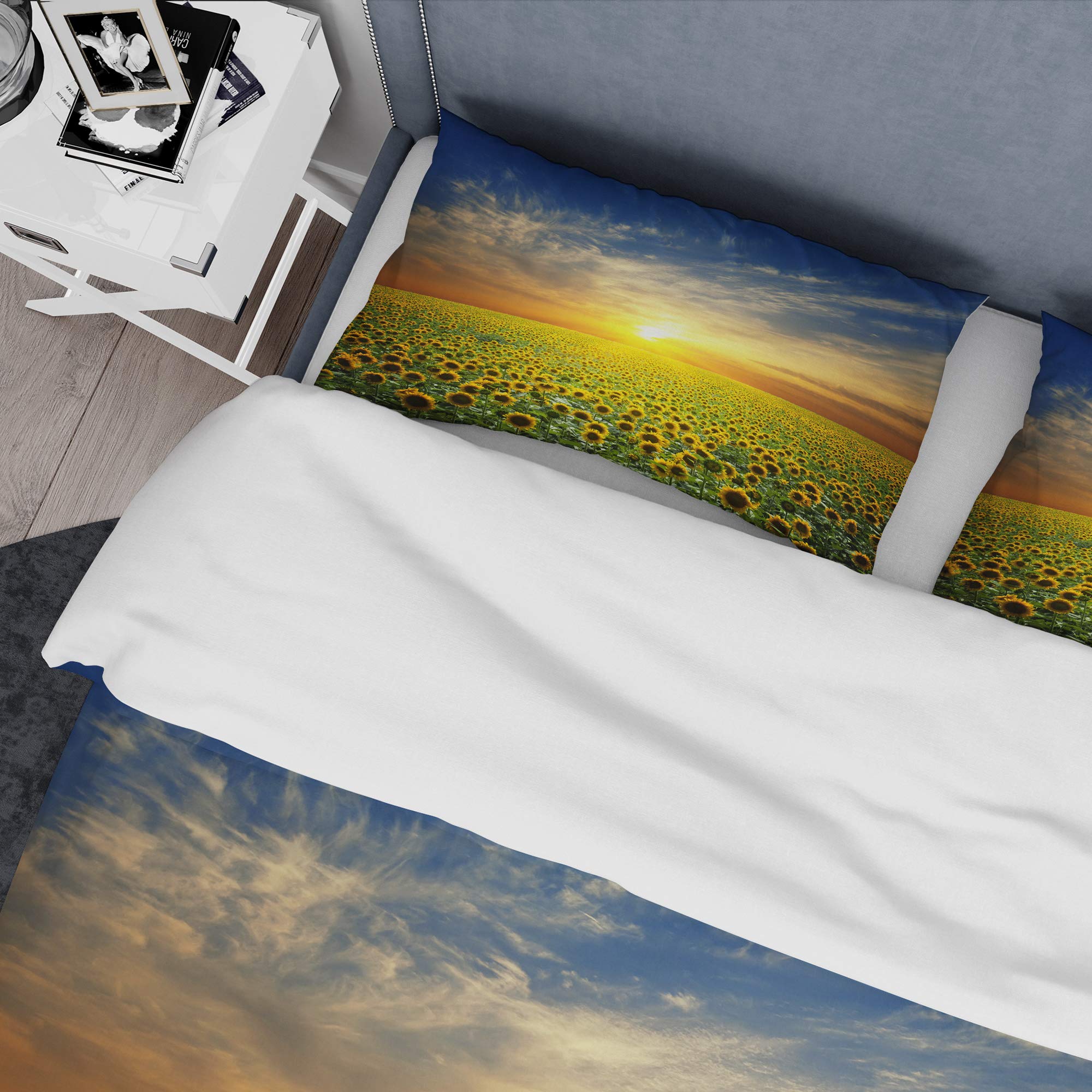 Sunflower Field Sunset Duvet Cover Set Queen - Yellow Floral Bedding 3-Piece All Season Coastal Decor for Beach House & Boho Bedroom