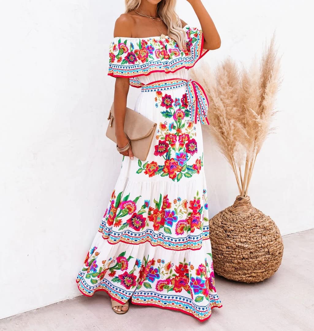 Women's Floral Maxi Dress - Off Shoulder Strapless Ruffle Short Sleeve Boho Beach Dress for Summer Vacation, Party & Date Night | Lightweight Flowy Ethnic Style