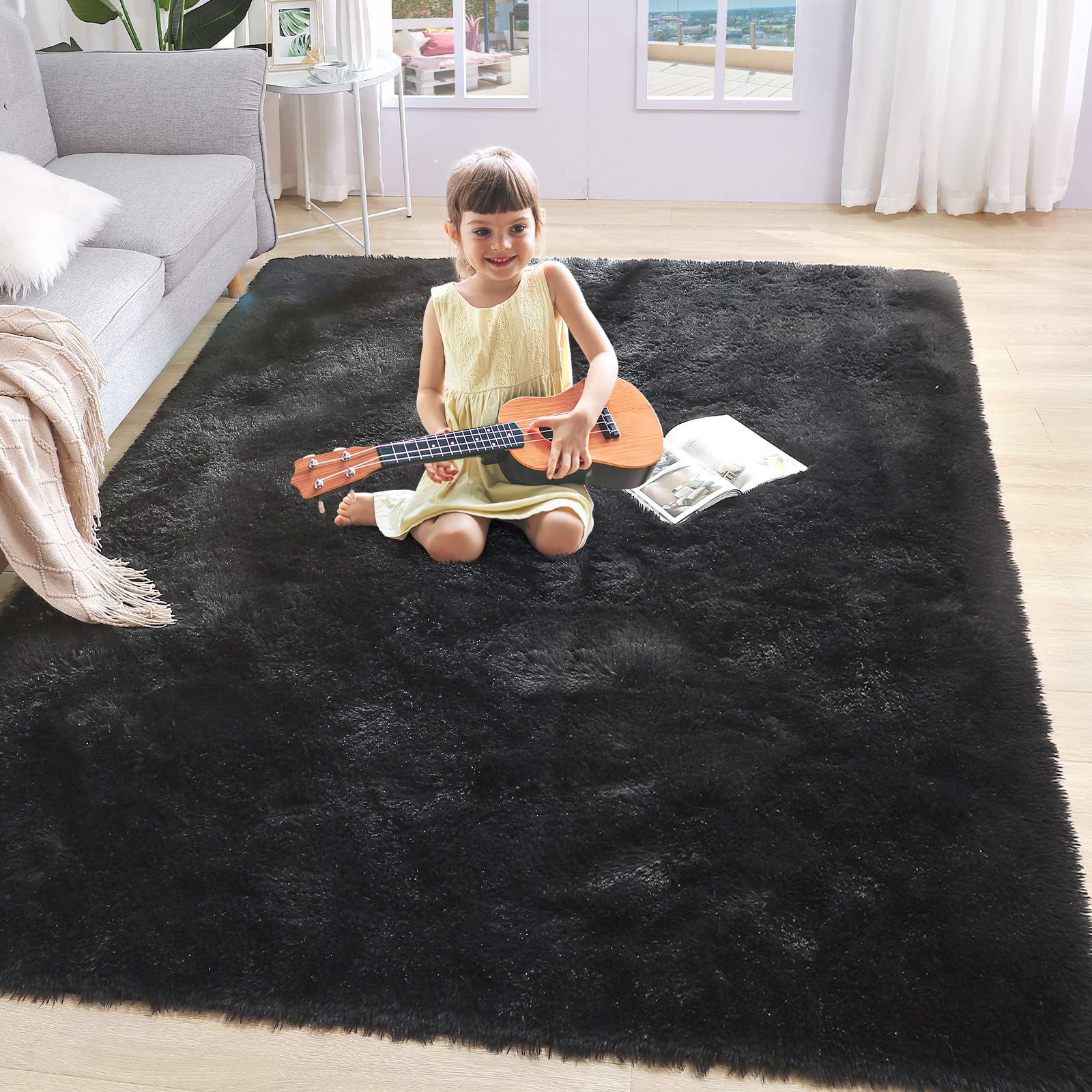 Fluffy Shaggy Area Rug 5'x8' - Ultra Soft Black Shag Carpet for Bedroom, Living Room, Kids Room & Nursery | Non-Slip Furry Rug for Home Decor, Dorm & Cozy Spaces - Perfect for Warmth & Comfort Underfoot