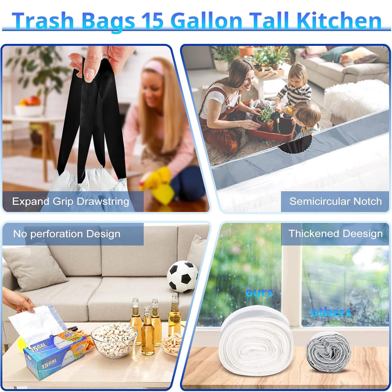 13-15 Gallon Tall Kitchen Trash Bags with Drawstring - Ultra Strong Recyclable Unscented Garbage Can Liners (30 Count) - Perfect for Home Kitchen, Office & Commercial Use