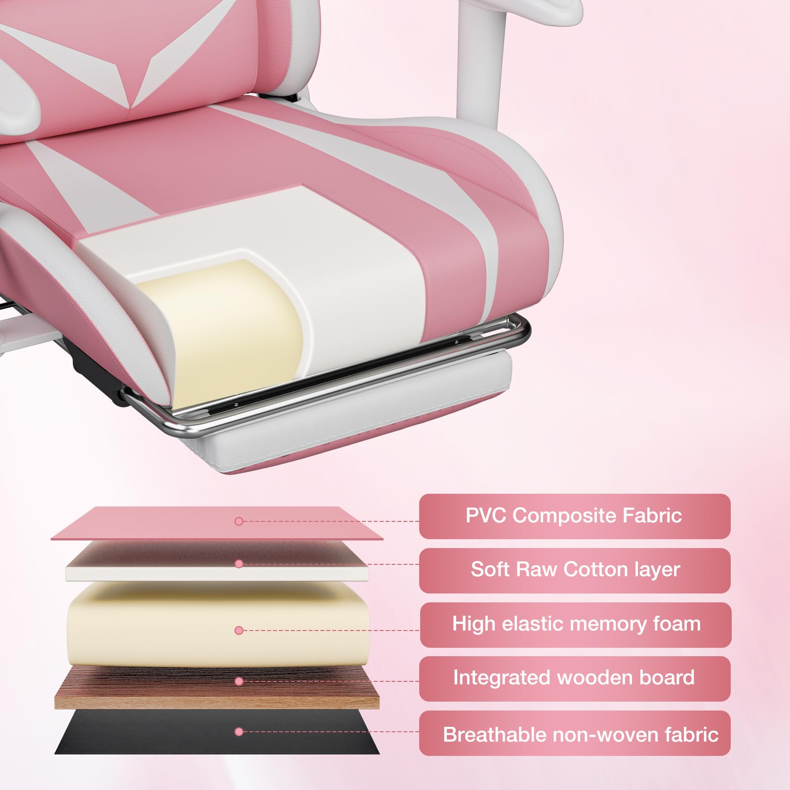 HOFFREE Pink and White Gaming Chair with Bluetooth Speakers, LED Lights, Massage & Footrest - Ergonomic High Back Reclining Computer Chair for Gamers | Perfect for Gaming Rooms, Esports & Home Office Setup