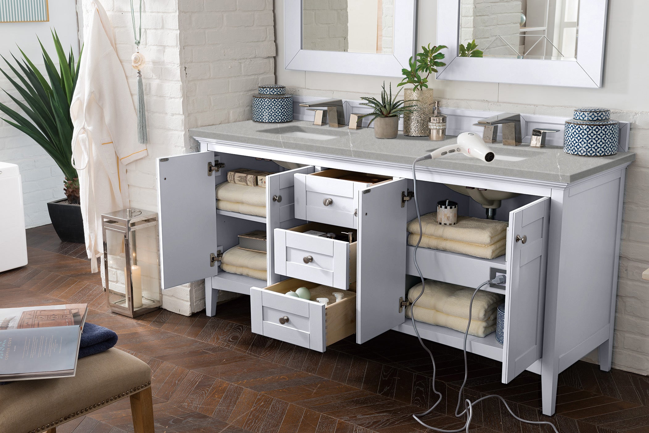 Palisades 72 Inch Double Bathroom Vanity with Bright White Finish and 3CM Eternal Serena Quartz Countertop - Perfect for Master Bathrooms and Modern Home Renovations