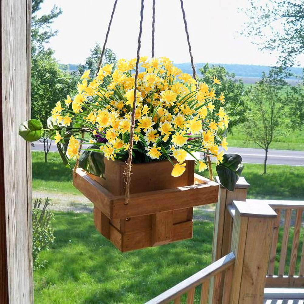 24 Pack Artificial Daisy Flowers Outdoor Fake Flowers - UV Resistant Fade Proof Plastic Garden Decor for Porch, Window Box, Wedding, Party (Yellow) - Perfect for Home, Office & Event Decorations