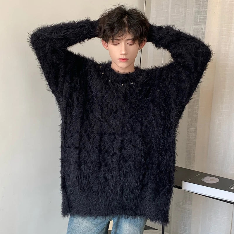 Stylish Korean Round Neck Solid Color Plush Men's Pullover Sweater - Trendy Spring 2025 Fashion (9C4134) | Perfect for Casual Outings, Office Wear & Date Nights