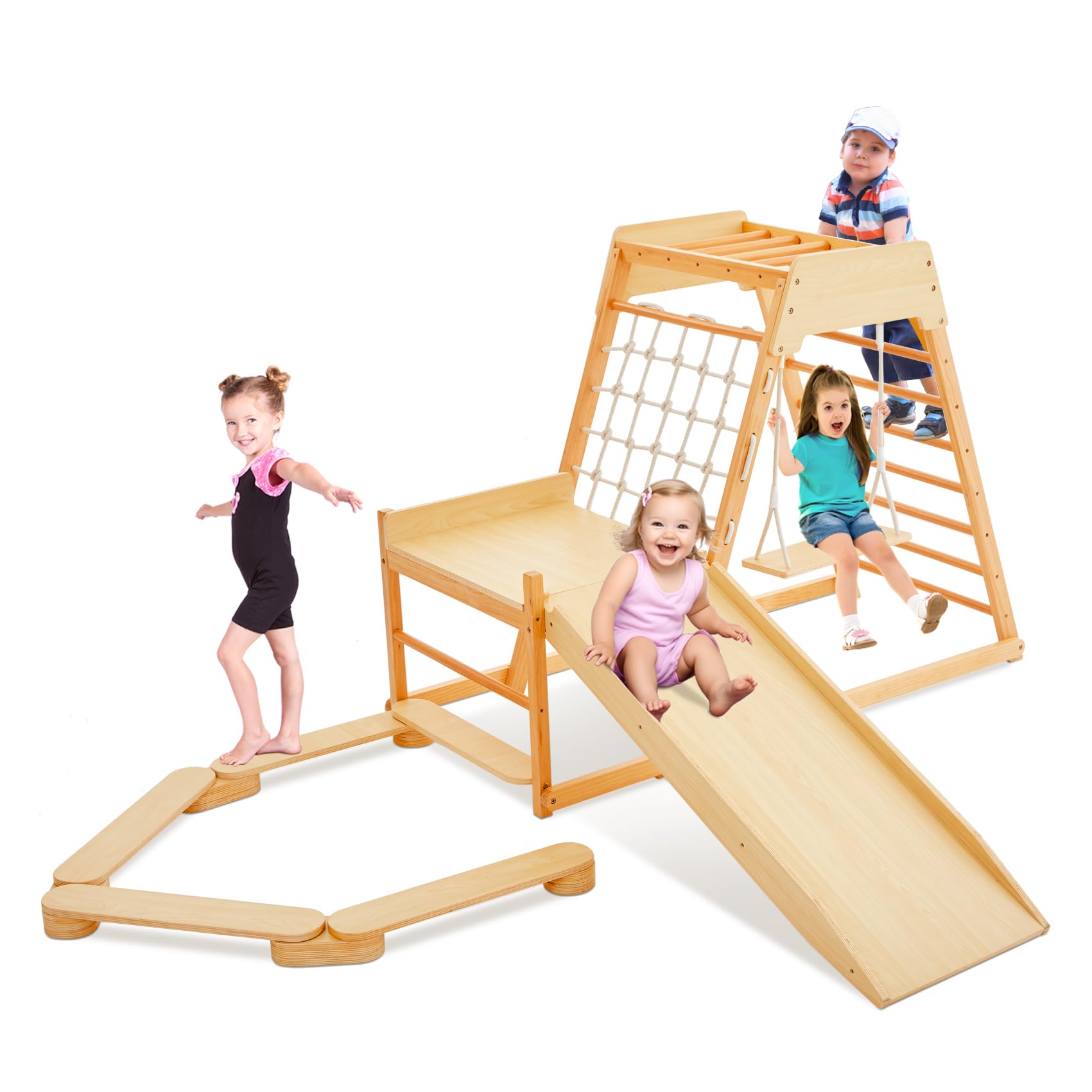 8-in-1 Kids Indoor Playground Set - Wooden Montessori Play Gym with Swing, Slide, Climbing Rock, Rope Net, Monkey Bars & Balance Beam - Toddler Climbing Toys for Home Playroom, Daycare & Preschool Activity Centers