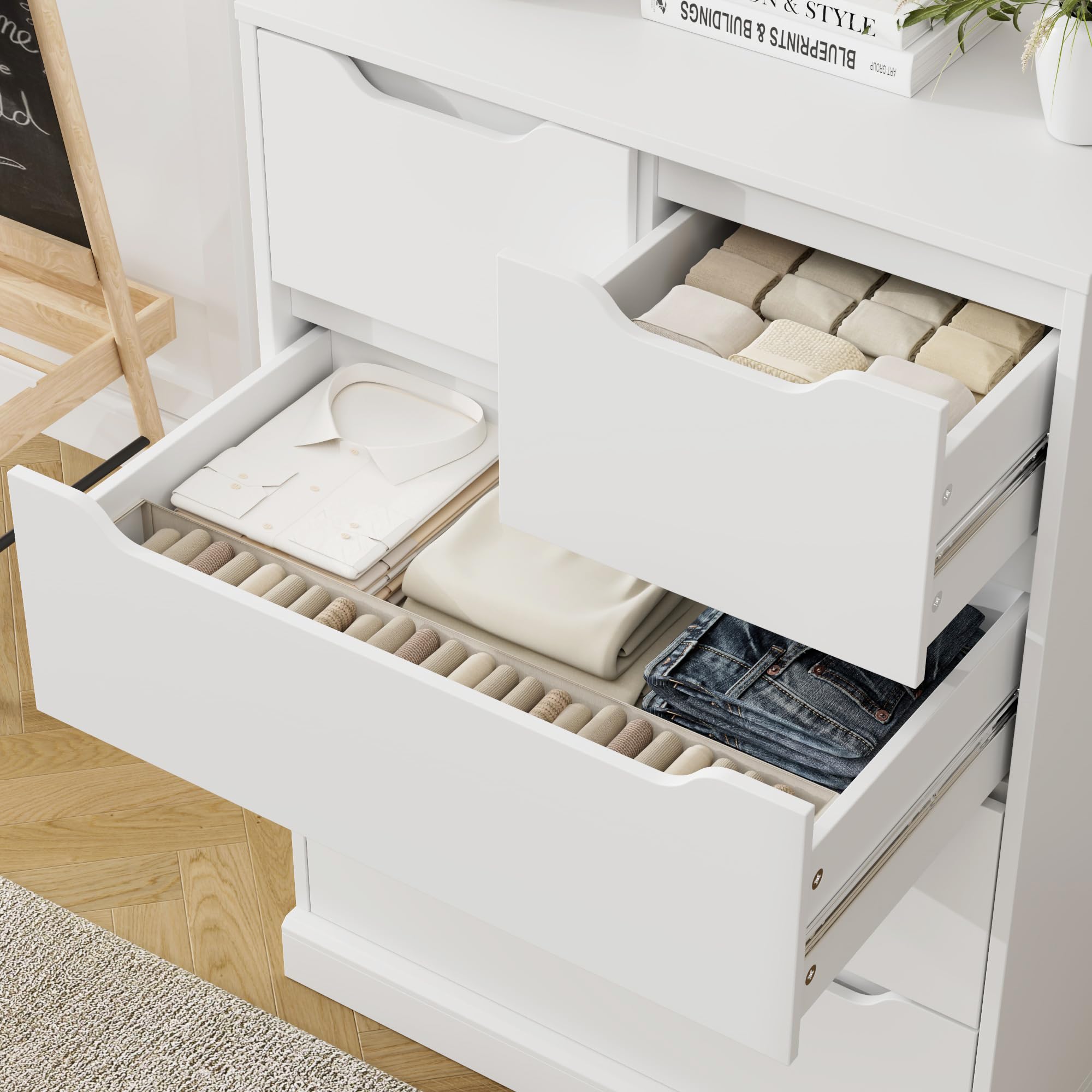 Modern 5-Drawer Dresser for Bedroom & Living Room - White Wood Storage Chest with Cut-Out Handles - Space-Saving Organizer for Clothes, Toys & Home Essentials - Perfect for Bedroom, Entryway, Hallway or Nursery Organization