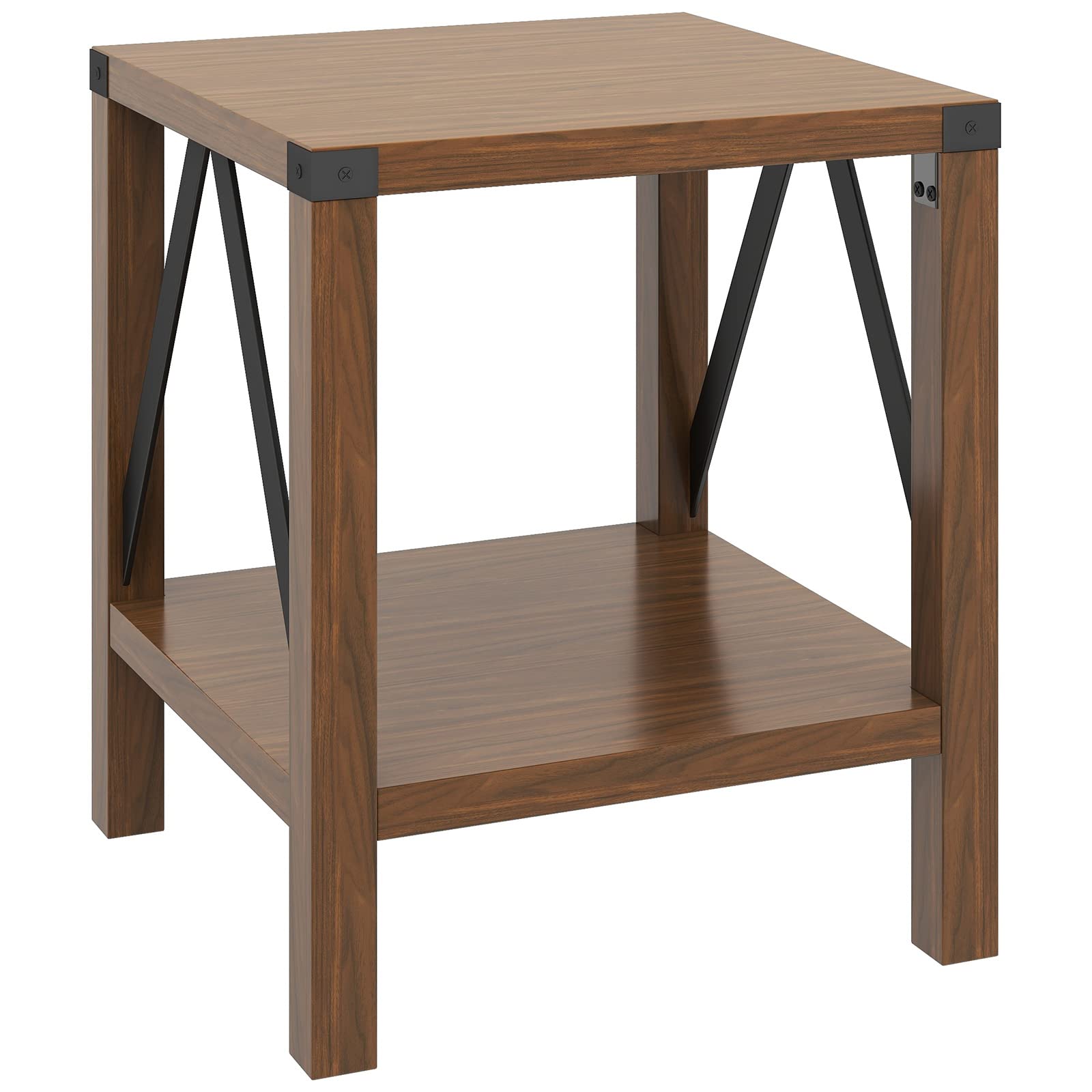 Rustic Vintage Walnut Farmhouse End Side Table with Shelf - Nightstand for Bedroom & Living Room - Perfect for Small Spaces, Home Decor, and Cozy Farmhouse Style