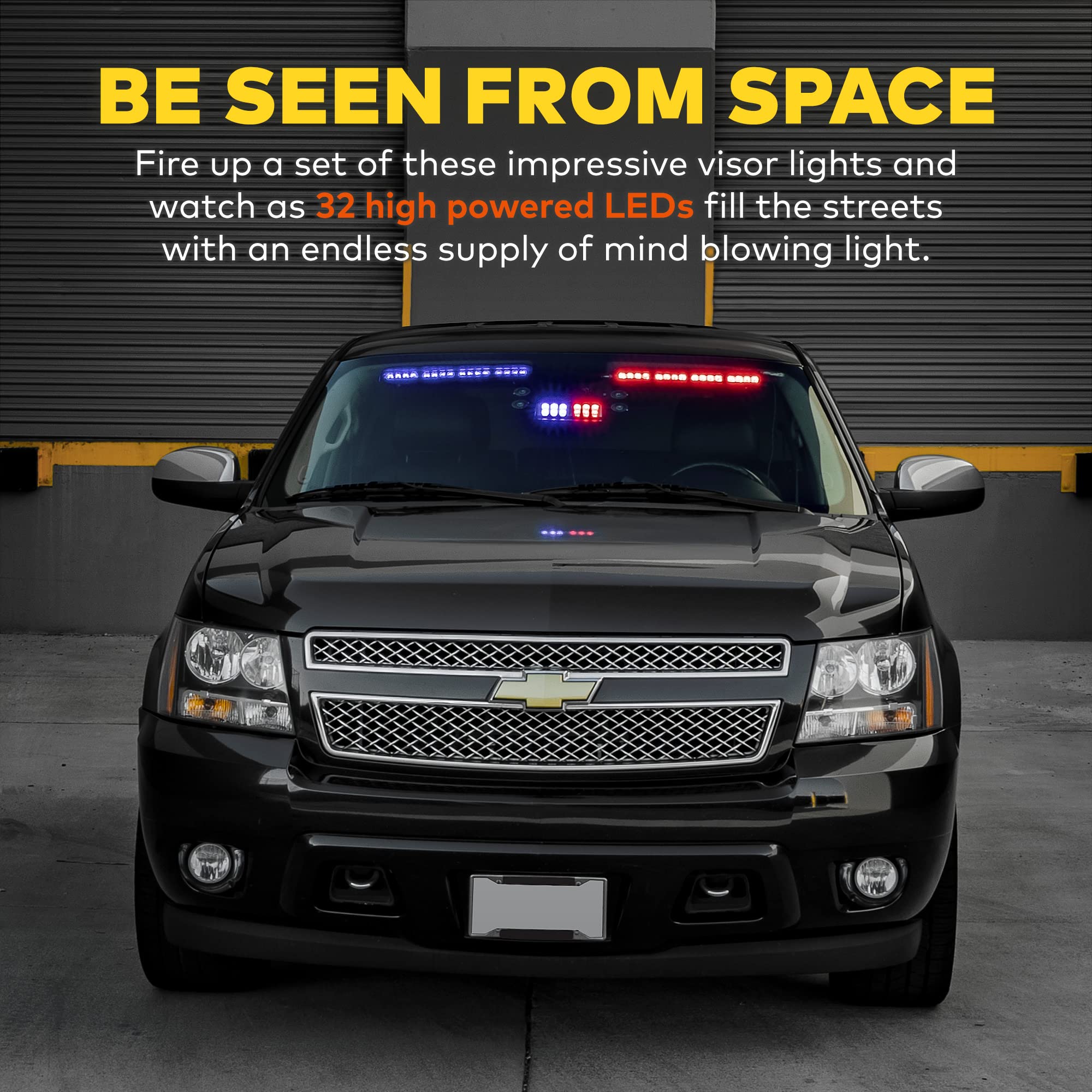 LAMPHUS SolarBlast 32W Amber Green LED Emergency Visor Light Bar - 48 Flash Modes, Plug-N-Play, Universal Fit - Flashing Warning Strobe Interior Light for Volunteer Firefighter Vehicles, Police Cars & Emergency Response - Ideal for Night Patrols & Roadside Assistance