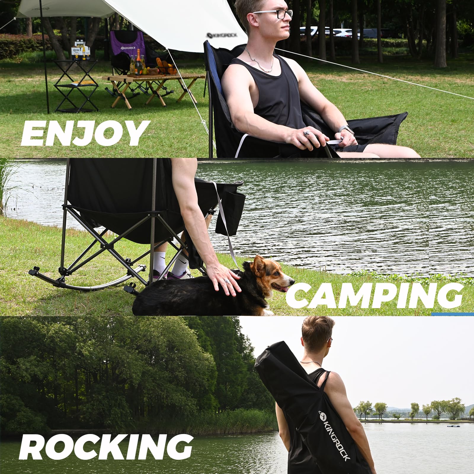 KINGROCK Oversized Folding Rocking Camping Chair with Pillow, Cup Holder & Storage Pocket - Portable Recliner for Outdoor Travel, Sports, Games, Beach, Backyard & Patio Relaxation