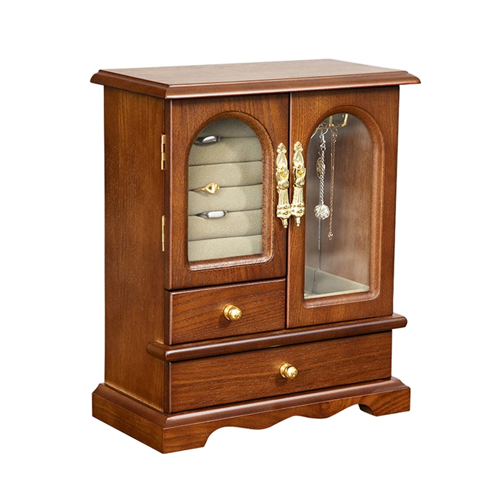 Large Wooden Jewelry Organizer Box with Rotatable Metal Hooks - Dustproof Storage Cabinet for Rings, Necklaces, Earrings & Bracelets | Perfect for Bedroom Vanity, Travel & Gift Giving