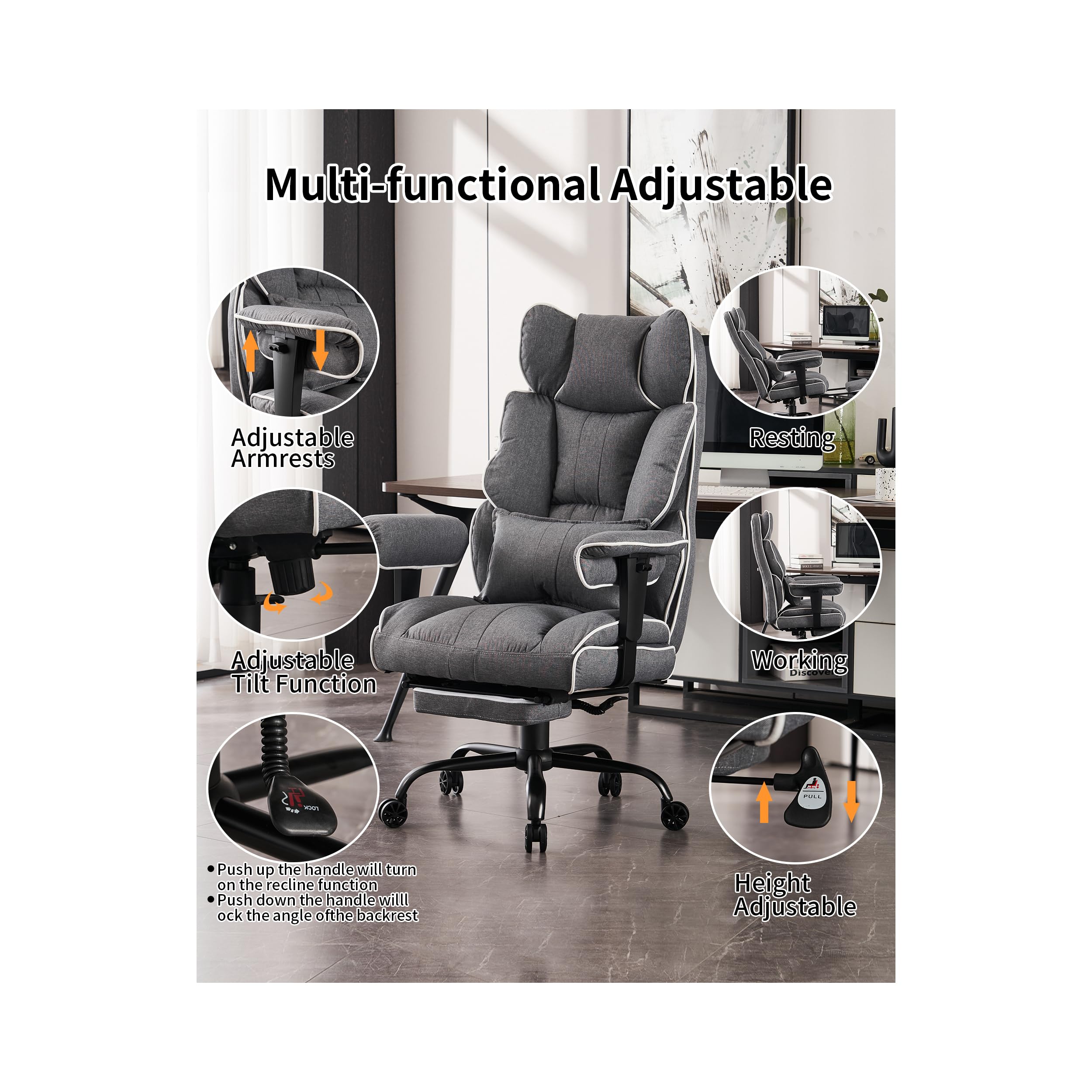 Efomao Fabric Office Chair - Big and Tall Executive Chair with 400 lb Weight Capacity, High Back Ergonomic Design & Foot Rest - Gray - Perfect for Home Office, Gaming, and Back Pain Relief