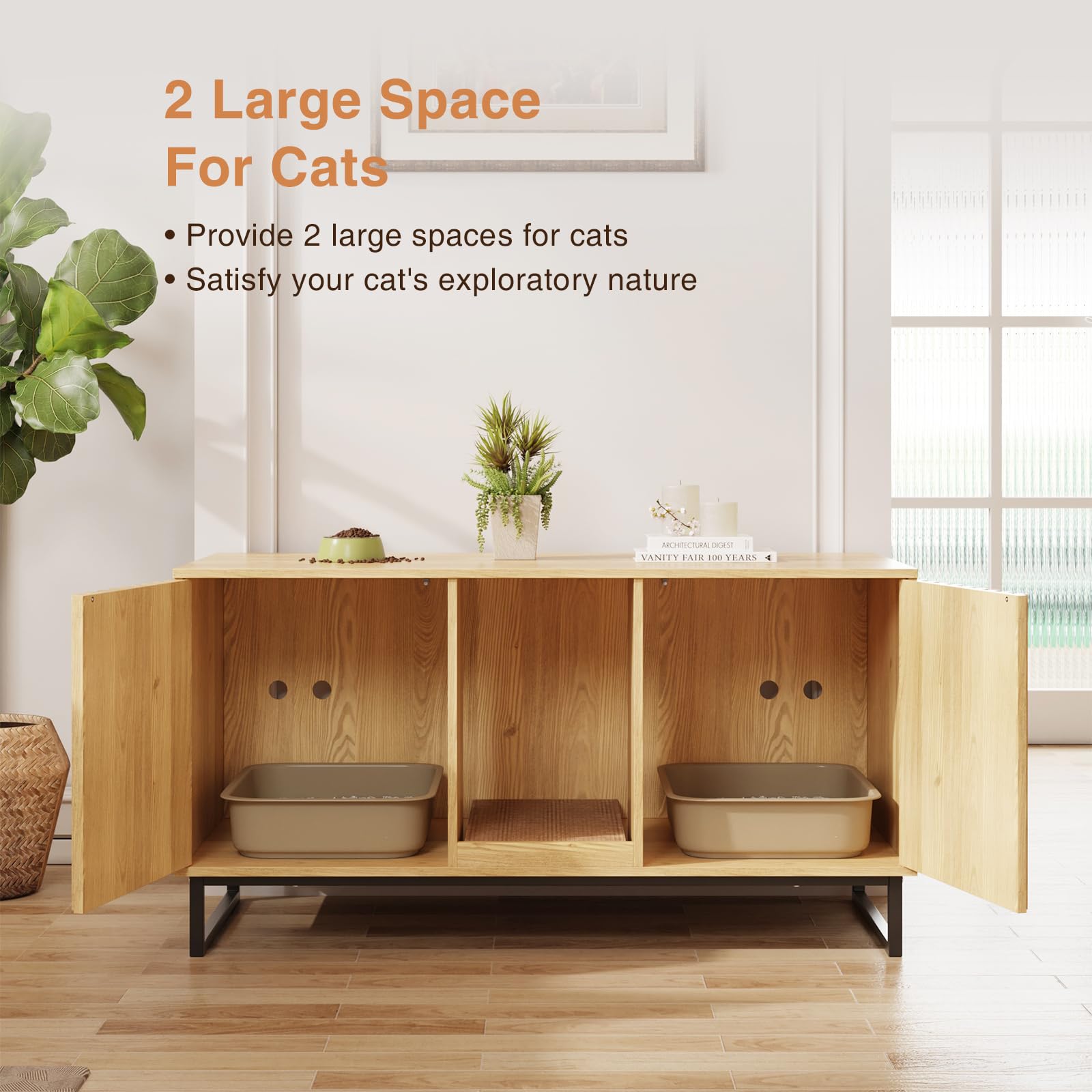 47.6’’ Large Cat Litter Box Enclosure Furniture for 2 Cats - Hidden Double Room Cat Cabinet with Scratch Pad | Indoor Cat House, TV Stand & Side Table | Perfect for Small Spaces & Multi-Cat Homes