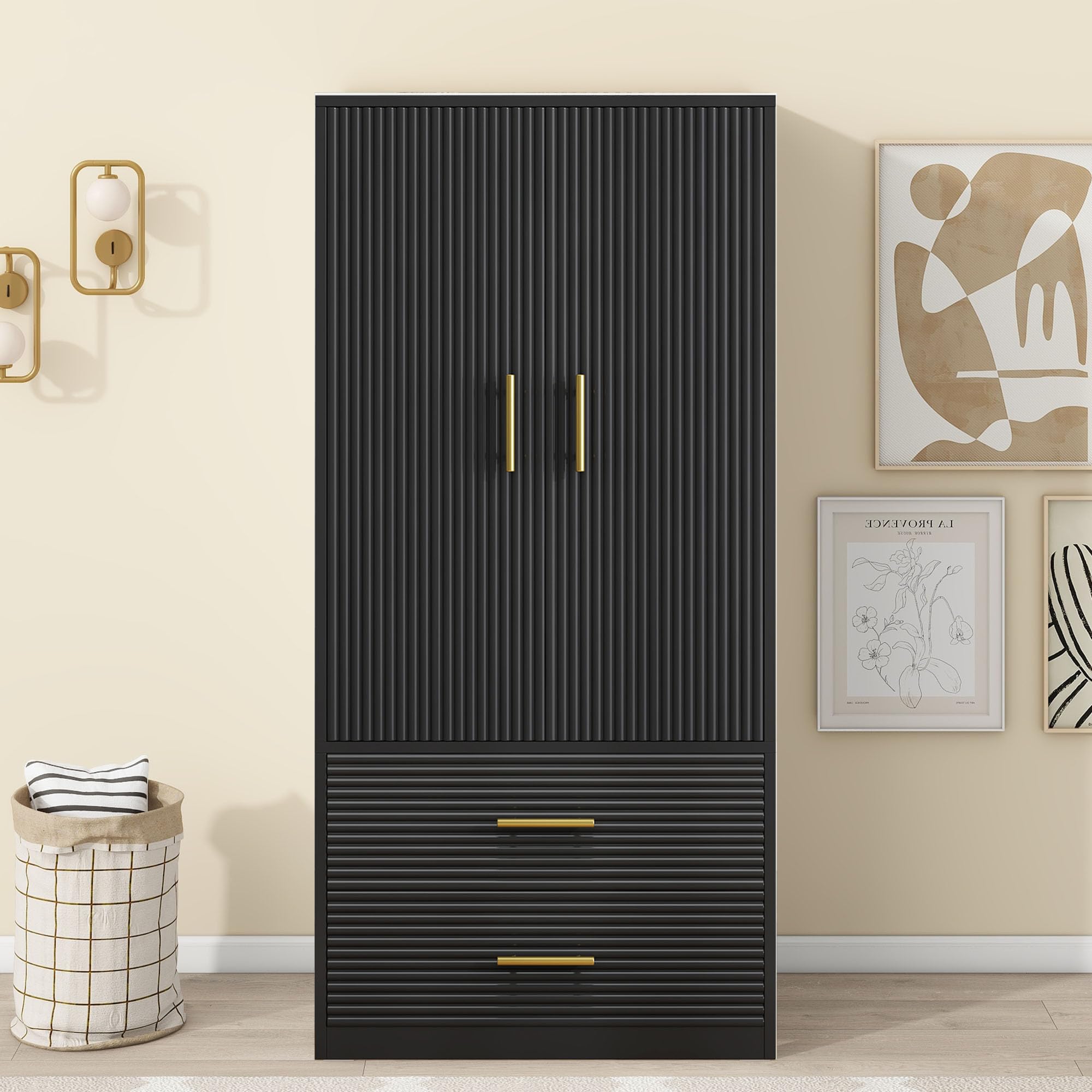 2-Door Freestanding Wardrobe Closet with Hanging Rod & 2 Drawers - Farmhouse Style Storage Cabinet for Bedroom, Black - Perfect for Small Spaces, Guest Rooms & Dorm Organization