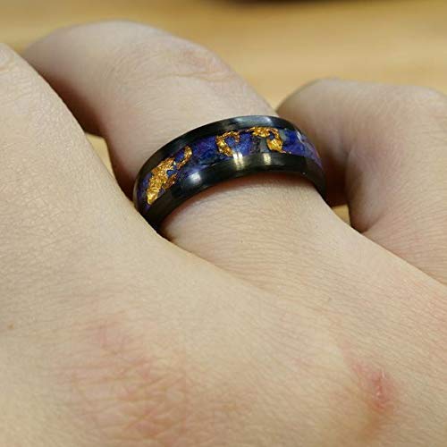 Men's Carbon Fiber Ring with Amethyst & Lapis Lazuli - Gold Leaf Inlay Black Wedding Band - Custom Laser Engraved - Perfect for Anniversary, Engagement & Unique Gifts