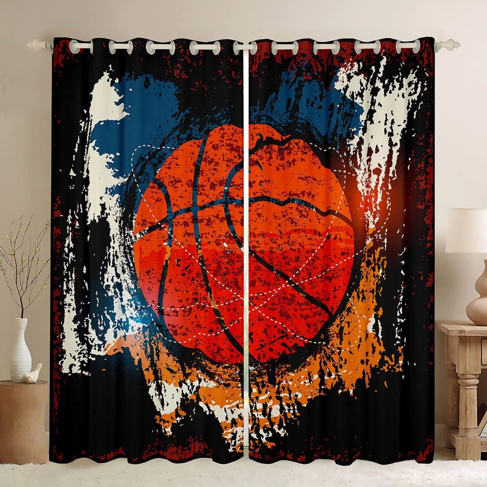 **Kids Basketball Curtains 2 Panels - Retro Graffiti Sports Gaming Blackout Drapes, Thermal Insulated Grommet Window Treatments for Bedroom & Living Room - 104