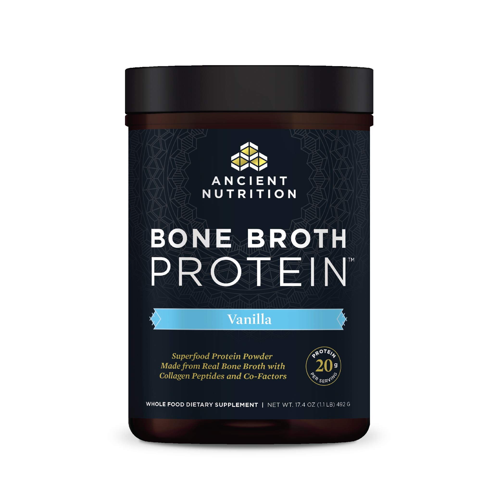 Ancient Nutrition Bone Broth Protein Powder - Vanilla Flavor, 20g Protein per Serving, 20 Servings Tub, Gluten Free Hydrolyzed Collagen Peptides Supplement - Ideal for Protein Shakes, Smoothies & Post-Workout Recovery