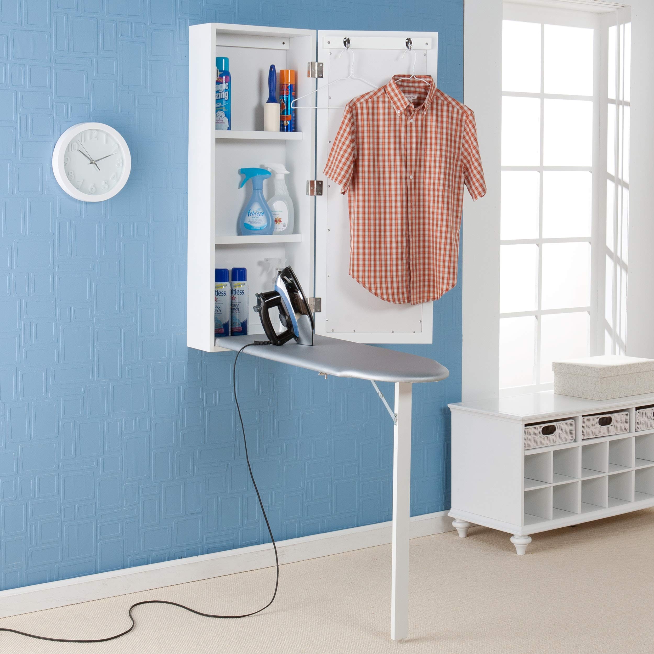 Wall-Mounted Ironing Board with Storage | Space Saving Folding Design | Gray, White & Wood Finish | Perfect for Small Apartments, Laundry Rooms & Closets