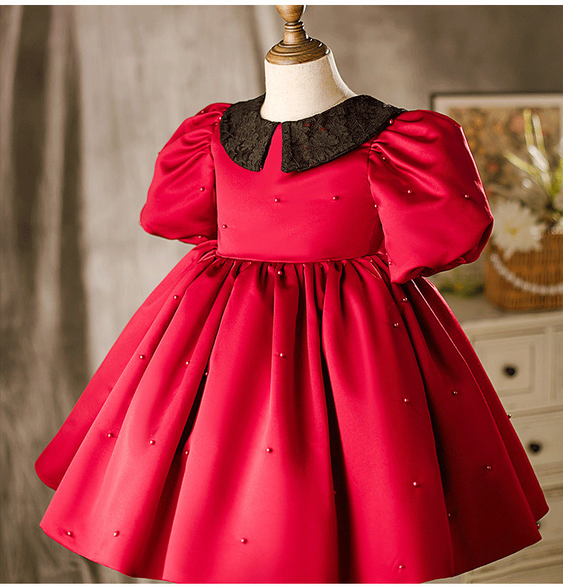 Baby Girl Birthday Party Dress - Red Puff Sleeve Doll Collar Communion Dress for Toddlers | Perfect for Special Occasions, Christenings & Photoshoots