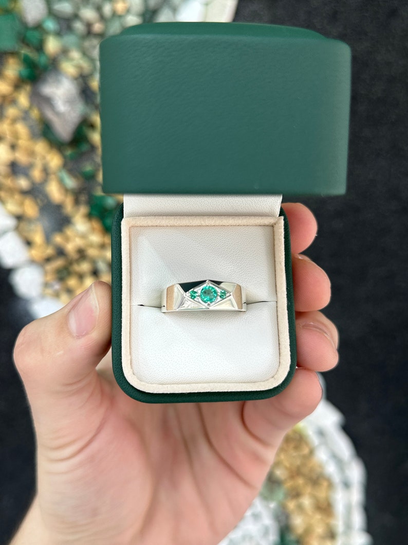 0.55tcw 3 Stone Geometric Contemporary Round Emerald Men's Silver Wedding Band Ring - Perfect for Engagement, Anniversary, and Everyday Wear