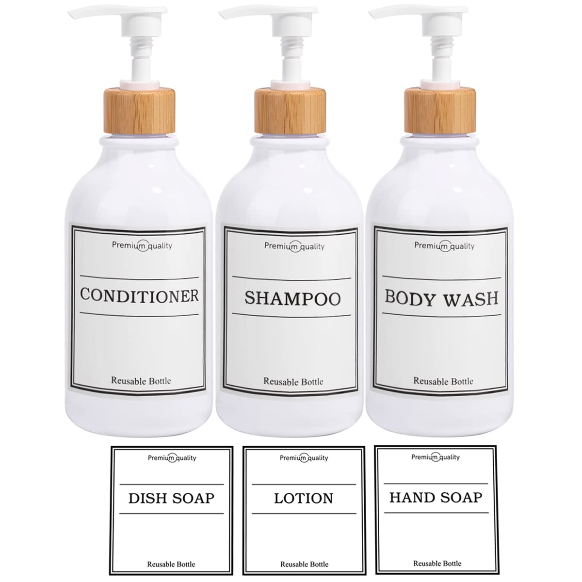 3-Pack 16oz Reusable Shampoo & Conditioner Dispenser Bottles with Pump - BPA-Free Plastic Refillable Containers for Bathroom & Shower - Includes 6 Waterproof Labels (Ideal for Travel, Gym & Home Organization)