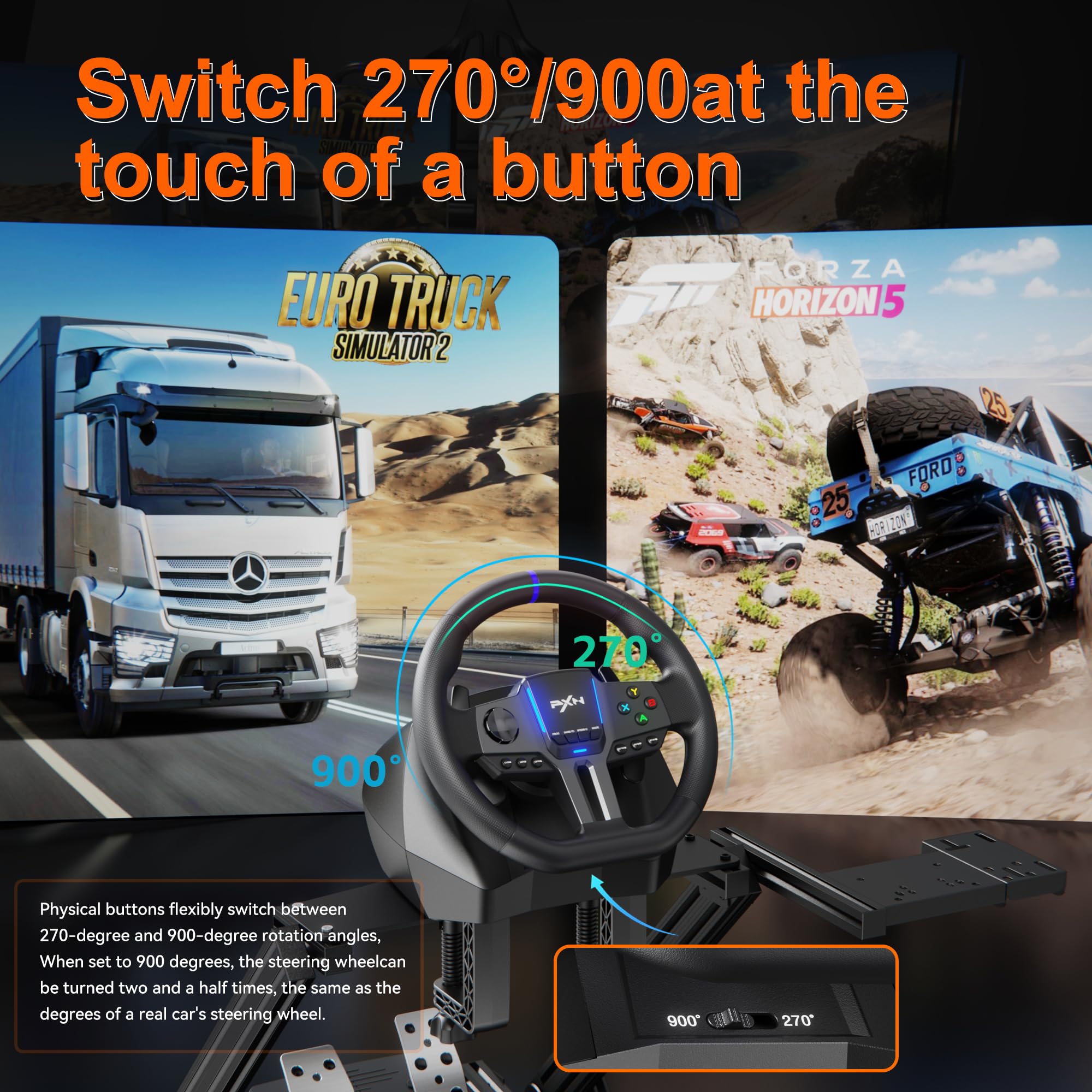 PXN V900 GEN2 Universal USB Racing Wheel - 270/900 Degree Adjustable Steering Wheel with Pedals for PS3, PS4, Xbox One, Xbox Series X/S, Nintendo Switch & Android TV - Perfect for Racing Simulators & Gaming Setups