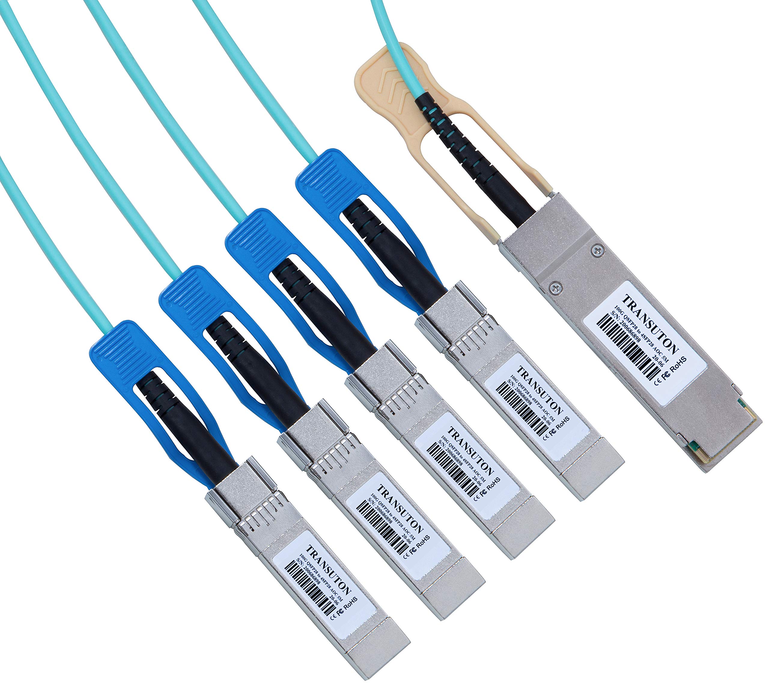 100G QSFP28 to 4x SFP28 Breakout AOC Cable - 5M/16.4ft 100GBASE-AOC Compatible with Dell, Cisco, HPE | High-Speed Fiber Optic Active Optical Cable for Data Centers, Cloud Computing & High-Performance Networking