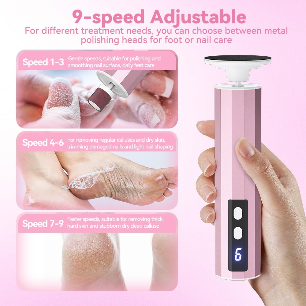 Electric Callus Remover for Feet - Cordless Rechargeable Pedicure Tool with 9 Speed Settings, Replaceable Sandpaper Discs for Dead Skin & Callus Removal - Perfect for Home Foot Care & Spa Treatments (Rose Gold)