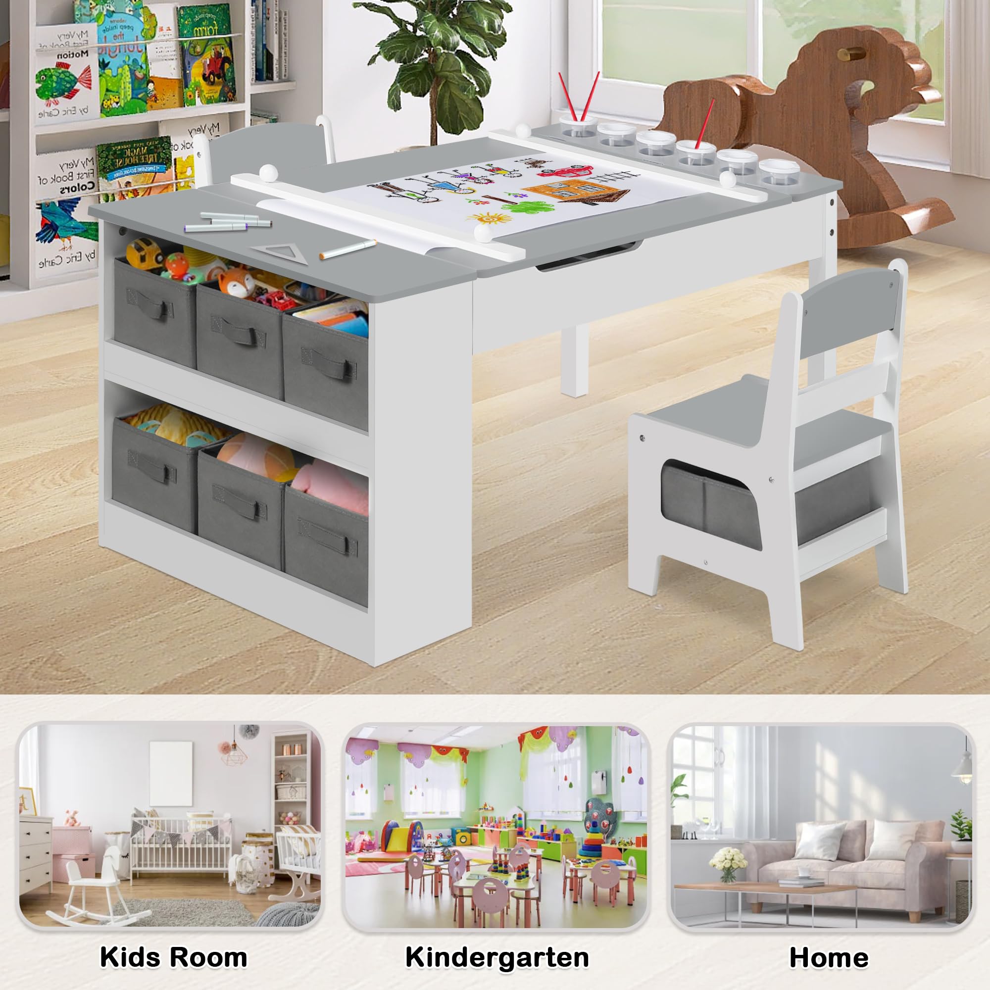 2-in-1 Kids Art Table and Chairs Set with Storage - Wooden Activity Desk for Toddlers Includes 2 Chairs, 8 Canvas Bins, 6 Paint Cups & Paper Roll - Perfect for Drawing, Writing & Creative Play in Nursery or Playroom